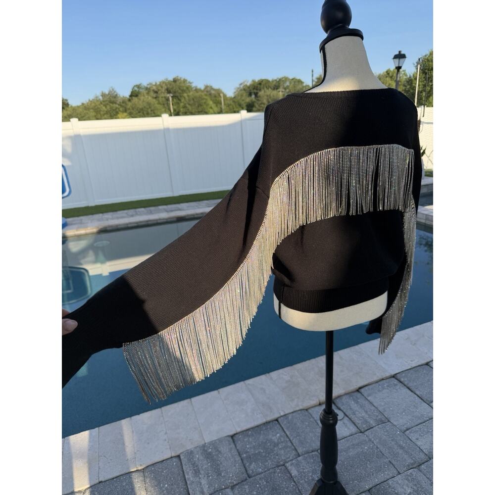 Rhinestone Fringe Cardigan Sweater Black Western Boho Glam Small - Picture 5 of 9
